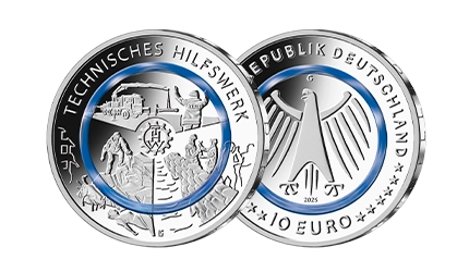 Bild- und Wertseite der 10-Euro-Polymerringmünze Technisches Hilfswerk (THW) von 2025